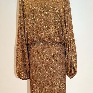 Brown Sequin Sheath Dress with Bishop Sleeves